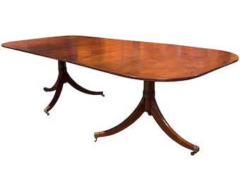 SOLD******* 20th Century English Yew Wood Double Pedestal Dining Table with One Leaf