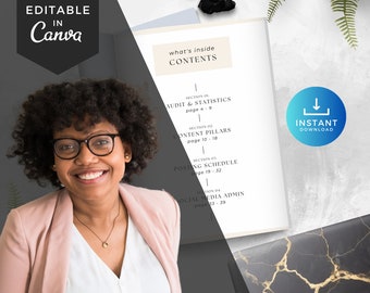 May include: A digital download guide for social media marketing with a light blue, beige, and white color scheme. The guide includes sections on audit and statistics, content pillars, posting schedule, and social media admin. The text "what's inside CONTENTS" is at the top of the page. The text "INSTANT DOWNLOAD" is in a blue circle with a white download arrow.