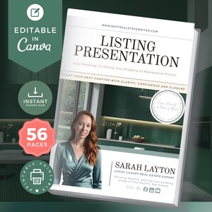 Könnte beinhalten: Eine 56-seitige Immobilien-Präsentationsvorlage mit einem Foto einer Person mit langem rotem Haar in einem blaugrünen Wickeloberteil. Das Dokument enthält den Text Listing Presentation, Sarah Layton Local Luxury Real Estate Expert und Social-Icons.