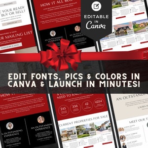 Bold Red Real Realitäten Website Landing Page Canva Template | Geschenke für Makler | Featured Eigenschaften, Open Houses, Team Bios, Testimonials