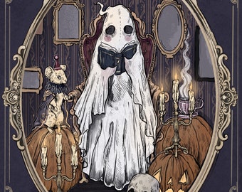 A spooky lecture - Halloween ghost cozy fall illustration - Dark Academia gothic Art Print