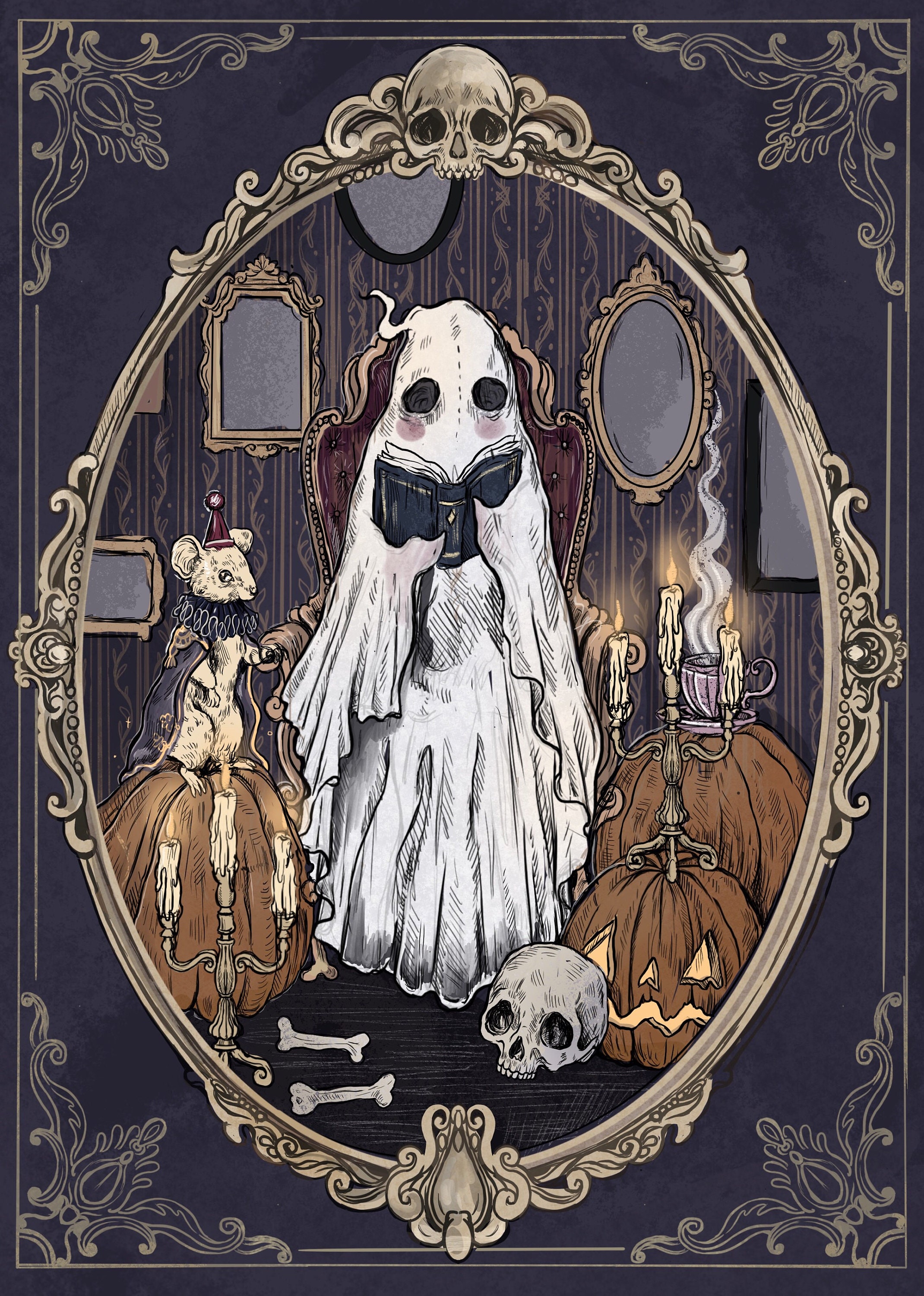A spooky lecture - Halloween ghost cozy fall illustration - Dark Acad…