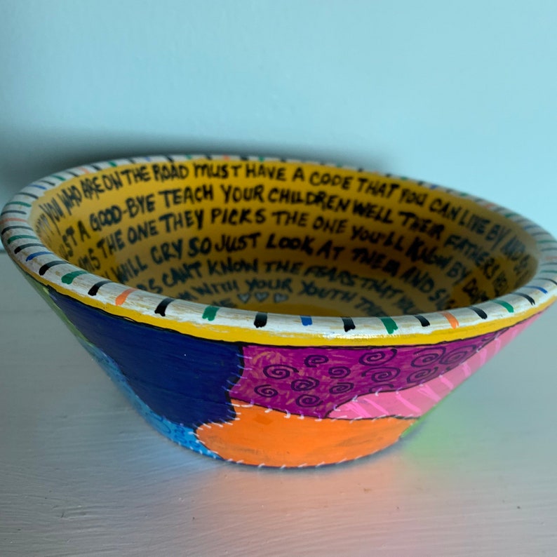 Repurposed HandPainted Wooden Bowl CSNY Teach Your Children Vintage Inspired Design 70\u2019s