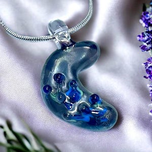 Moon Glass Pendant with Purple Flowers - Plum Metallic Moon, Lilac, and Green Vine Accents, Handmade Glass Jewelry Artisan Gifts