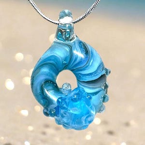 Ocean Wave Glass Pendant Necklace - Handmade Lampwork Effetre Italian Glass in Aqua and Opaque Blues , Unique Coastal Artisan Jewelry Gift