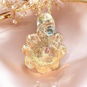 Glass Flower Pendant Necklace, Opal Luster Pink Flower Effetre Glass Necklace with Pink Cubic Zirconia, Artisan Iridescent Glass Floral Gift