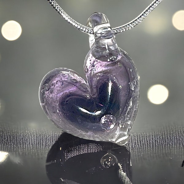 Purple Glass Heart - Lampwork Opal Lumiere  Luster - Cubic Zirconia Pendant - Purple Heart Jewelry - Sparkling Glassart - Handmade Gift