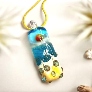 Ocean Glass Pendant Necklace – Beach Waves, Coastal Seascape Design, Handmade Sea Inspired Italian Glass Pendant, Artisan Under the Sea Gift