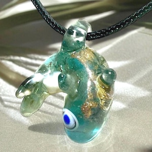 Blue and Gold Shimmering Glass Fish Pendant Necklace - Handmade Italian Glass Fish with Gold Luster, A Fishing Gift