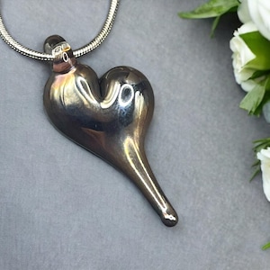Metallic Glass Heart Charm Pendant Necklace – Dainty Handmade Lampwork Italian Glass Jewelry, Silver Plum Glass Heart Minimalist Gift