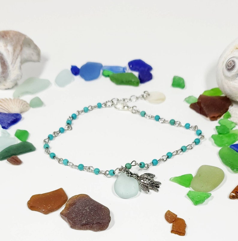 Turquoise Bead Anklet Turtle Charm Anklet With Turtles Aqua Etsy