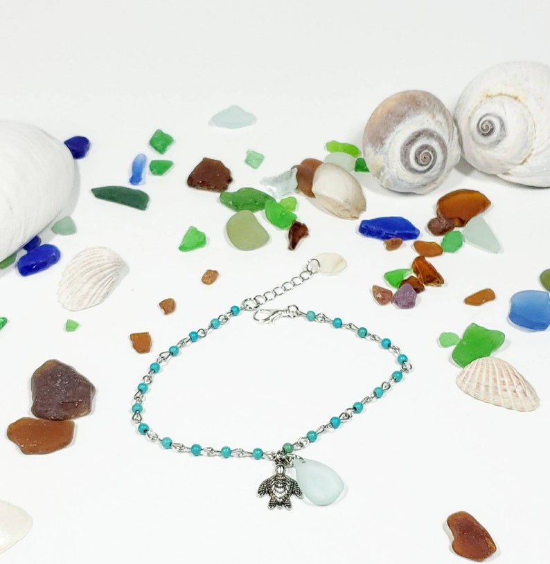 Turquoise bead anklet turtle charm anklet with turtles aqua Etsy
