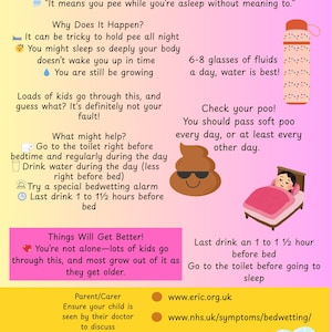 以下が含まれることがあります： おねしょに関する情報グラフィック。おねしょの状態、考えられる原因、役立つヒントを説明するテキストが含まれています。ウォーターボトル、ベッド、笑顔のうんち絵文字のイラストが含まれています。テキストには、詳細情報へのリンクも記載されています。