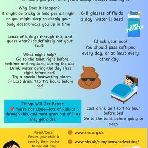 May include: Informational infographic about bedwetting, featuring text, illustrations, and advice. Includes a glass of water, a child in bed, and a smiling poop emoji. The text provides tips and resources.