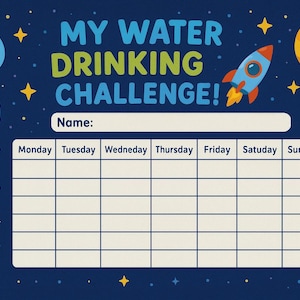 以下が含まれることがあります： 青色のウォーターチャレンジチャート。宇宙をテーマにしたイラストが描かれています。「My Water Drinking Challenge!」の文字と、ユーザーの名前を入力するスペースがあります。毎日の水分摂取量を記録するためのグリッドがあります。