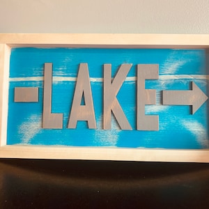 Wall Hanging Sitting Shelf Sign Laser Engraved Wood Lake Sign Lake Paddle Oars Distressed Blue Square Lake Sign with Paddles
