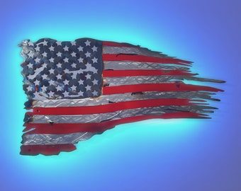 Huge Tattered American Metal Flag - Illuminated - Light Up Metal Flag - Battle Worn USA Flag Patriotic Decor Metal Wall Art - 4 feet / 48&quot;