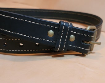 Black Latigo Premium Leather Belt Gold/Taupe stitching