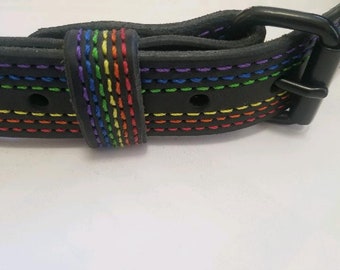 Black Latigo Leather Belt with Rainbow Stitching, leather rainbow belt