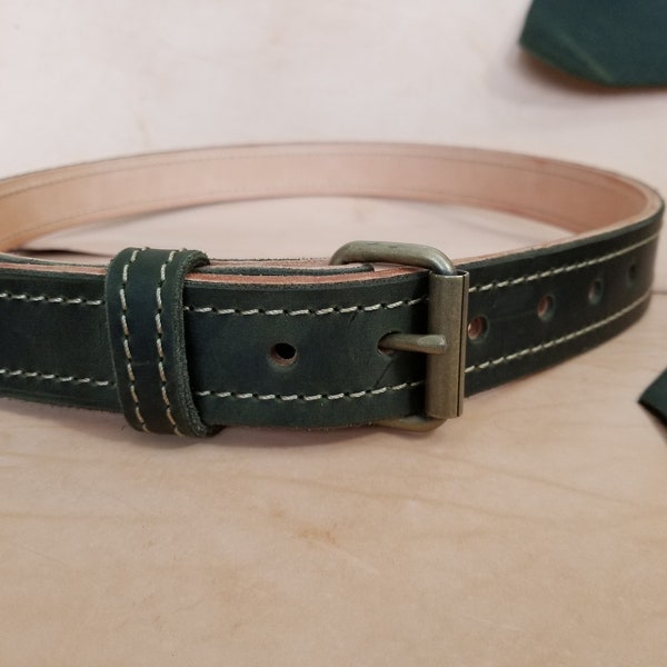 OD Green Stitched Leather Belt, Army Green Belt, Green Leather Belt, Gun Belt, Work Belt, Saddle Skirting Leather