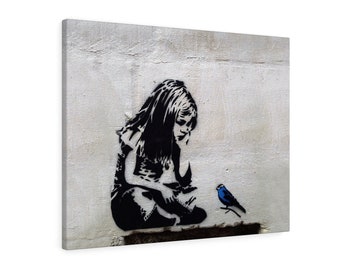 Banksy Framed Canvas Street  graffiti Urban  Art Print   girl face garage wall 