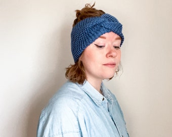 Twist Knit Steel Blue Headband // Stretchy Lightweight Ear Warmer// Unique Hair Accessories // Versatile Head wrap // Cozy Vegan Gift Idea