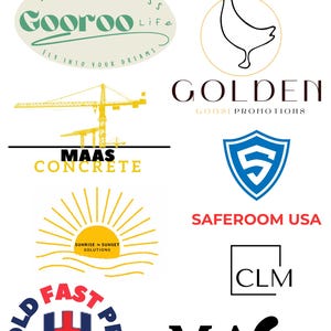 Peut inclure: Plusieurs logos avec des designs et du texte variés. Les logos incluent une oie, une grue, un bouclier, un soleil et du texte tel que "Gooroo Life", "Golden Goose Promotions", "MAAS Concrete", "Saferoom USA", "Hold Fast Pro", "MAS & Sons", et "CLM".