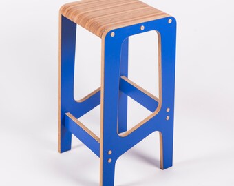 Wooden Blue Laminate Bar Stool 50, 65, 80cm High, Handmande by Plywood Footrest Chair Scandinavian Design Kitchen Island Convenient Seat