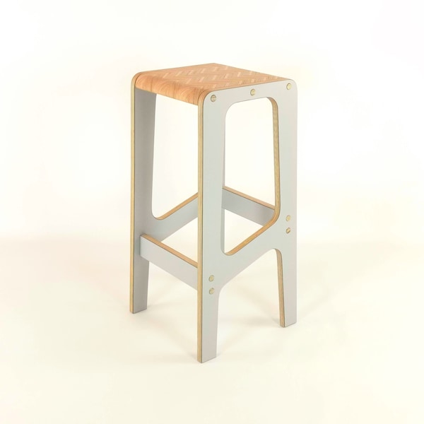 Tabouret de bar stratifié gris en bois 50, 65, 80cm de haut, Handmande by Plywood Footrest Chair Scandinavian Design Kitchen Island Siège pratique