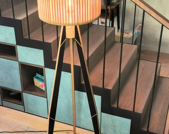 Tripod Floor Lamp 150cm High Made Of Black Laminated Patterned Birch Plywood, Retro Livig Room Lamp, Reading Light