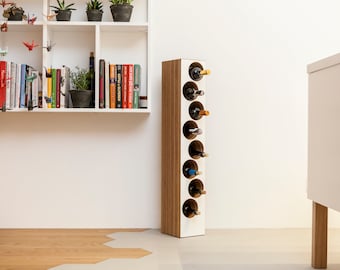 Wooden Wine Rack For Eight 8 Bottles, Free Standing Modern Wine Storage, Tabletop Wine Bottles Rack, Paterned Plywood Wine Holder, White