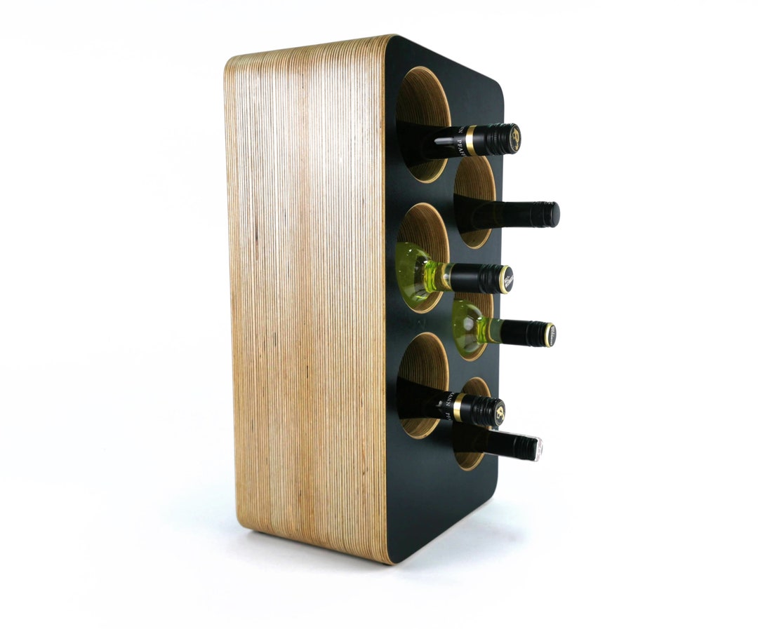 Wooden Wine Rack for Six 6 Bottles, Free Standing Modern Wine Storage, Tabletop Rack, Paterned