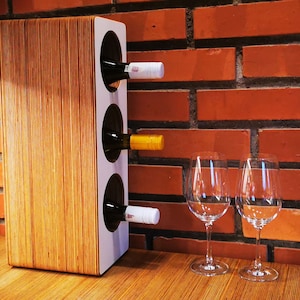 Wooden Wine Rack For Three 3 Bottles, Free Standing Modern Wine Storage, Tabletop Wine Bottles Rack, Paterned Plywood Wine Holder, White