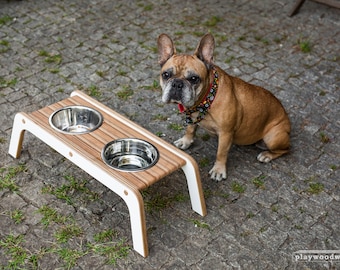 Double Dog Or Cat Feeder, Handmade, Pet Bowl Stand, Elevated Dog Pet Feeder, Easy to Clean, Patterned Plywood, Oil-Wax Finish