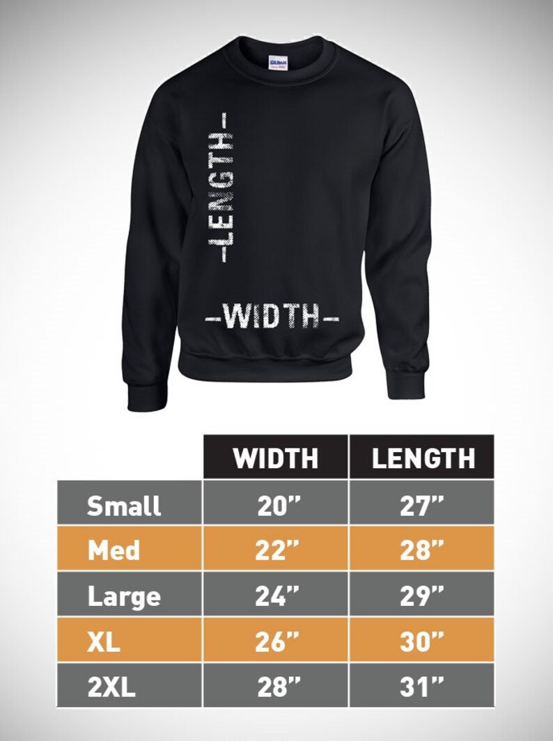 Peut inclure: Un sweat-shirt noir avec les mots "LENGTH" et "WIDTH" imprim&eacute;s sur le devant. Un tableau indique les mesures de largeur et de longueur en pouces pour diff&eacute;rentes tailles&nbsp;: Small (20&nbsp;x&nbsp;27&nbsp;pouces), Medium (22&nbsp;x&nbsp;28&nbsp;pouces), Large (24&nbsp;x&nbsp;29&nbsp;pouces), XL (26&nbsp;x&nbsp;30&nbsp;pouces) et 2XL (28&nbsp;x&nbsp;31&nbsp;pouces).