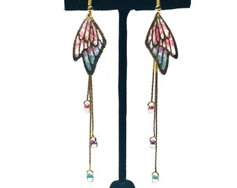 Pink Purple Blue Butterfly Wing Cottagecore Extra Long Dangle Hook Earrings