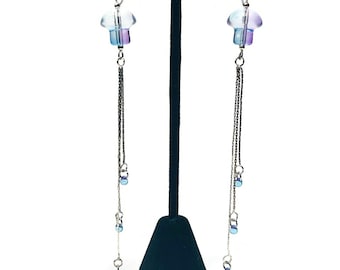 Pink and Blue Glass Mushroom Cottagecore Extra Long Dangle Hook Earrings