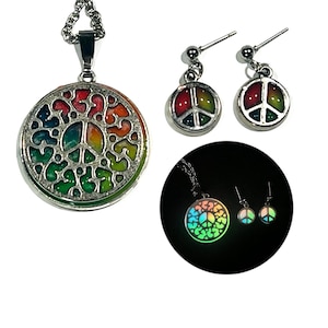 Rainbow Peace Sign Hippie Glow in the Dark  Pendant Necklace and Earrings