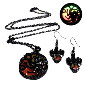 Glow in Dark Three Headed Dragon Pendant Necklace and Earring Set