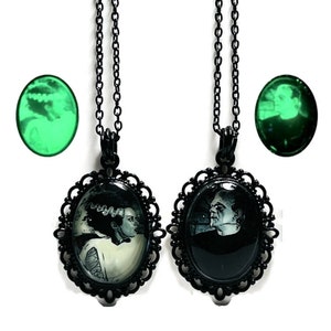 Green Glow in the Dark Frankenstein's Monster and Bride Couples Pendant Necklace or Earrings Set
