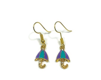 Gold-tone Purple and Aqua Enamel Umbrella Dangle Hook Earrings