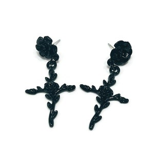 Black Enamel Rose Thorns Cross Dangle Stud Post Earrings