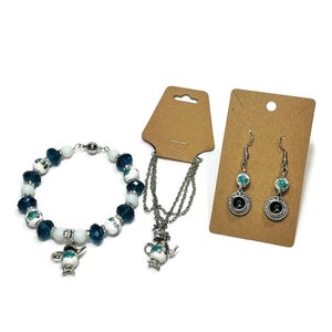 Teal Green and White Floral Pattern Teapot Bracelet Necklace and Tea Cup Earring Set