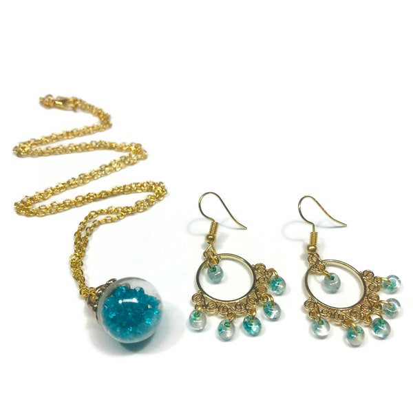 Gold-tone Glass Bubble Aqua Raindrops Necklace with Aqua Raindrop Chandelier Earrings Set