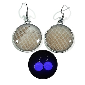 May include: A pair of round drop earrings featuring a textured, beige, honeycomb-like pattern encased in silver-toned metal frames with hook backings. A smaller circular inset shows the same earrings glowing with a bright blue light in the dark.