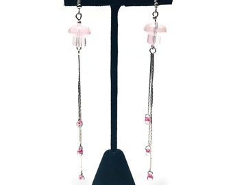 Pink Glass Mushroom Cottagecore Extra Long Dangle Hook Earrings