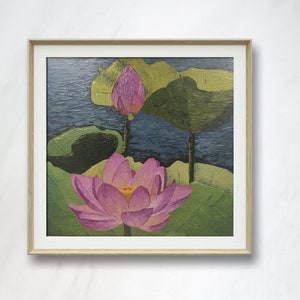 Original Lotus Oil Painting: Impasto Flower Art, Water Lily Decor