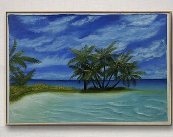Beach Original Oil Painting Seascape Palm Tree Landscape Maldives Art Ocean Impasto Clouds Art Maldives Beach