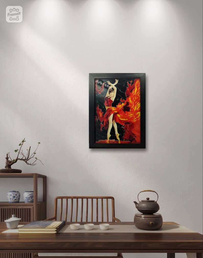 May include: A framed painting of a woman in a red dress with a flowing skirt, dancing against a black background with red and orange accents.