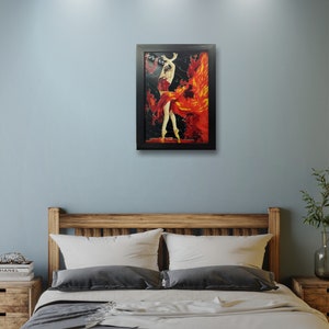 May include: A framed painting of a woman in a red dress with a fiery background. The painting is hanging on a light blue wall above a bed with a wooden headboard.